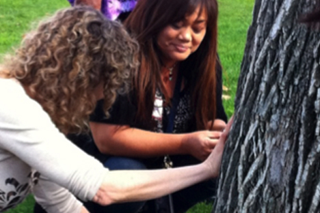 Student instructors make observations of sense and wonder by touching a tree.